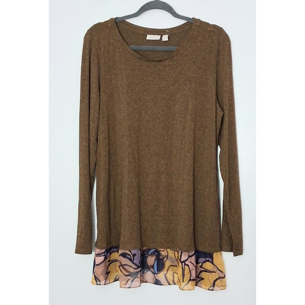 LOGO by Lori Goldstein Knit Top Women's Size Large Brown Printed Hem Jaspe Pre-o